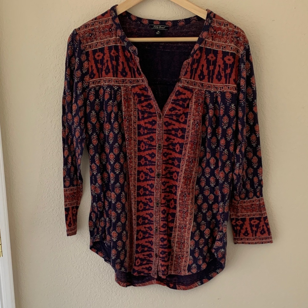 Lucky Brand Rust and Navy Boho Split-Neck Tunic